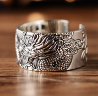 Bague ouverte classique en argent sterling 999 pour hommes Conception de boule de dragon chinoise ancienne Écritures bouddhistes Sculpté Cadeaux muraux intérieurs