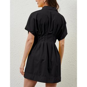 Vestido Camisero Plisado con Botones para Mujer, Manga Corta, Negro, Control de Abdomen, Prenda Moldeadora, Uso Diario, Vestido Casual - Product Image 3