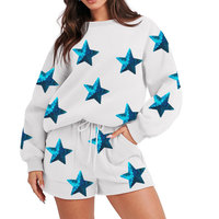 OEM personnalisé lumière de noël paillettes femmes 2 pièces tenues décontracté col rond coupe ample sweat short salon ensemble survêtements