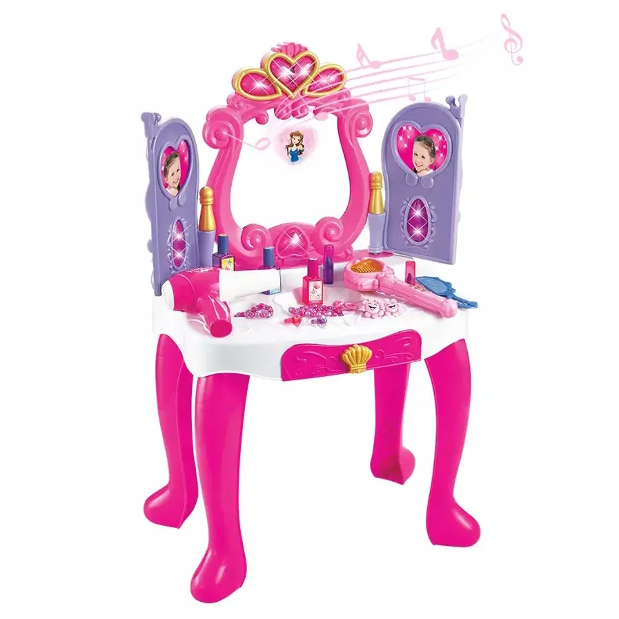 Enfants semblant en plastique jouet magique jouer princesse coiffeuse jouer maison fille beauté maquillage jouet ensemble capteur porte ouverte