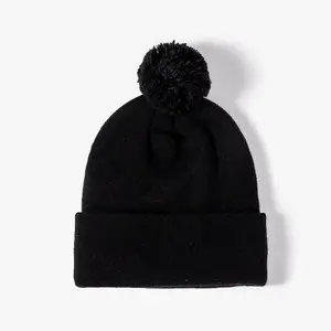 Custom Jacquard Winter Hat Embroidered Logo Skull Knitted Cap Cuffed Beanie With Pompom