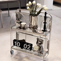 Chariot de service d'hôtel moderne en acier inoxydable haut de gamme, pliable, avec plateau en verre, table d'appoint de bar mobile de luxe avec 4 roues pivotantes