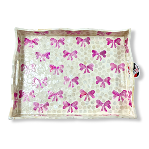 Plateau en MDF rectangulaire écologique de haute qualité avec bord ondulé motif d'arc coloré incrustation de coquille de Capiz blanche - Product Image 5