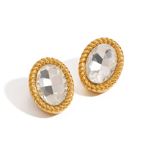 <b>Stud</b> <b>Earrings</b> Oval Glass Stone 18K Gold Bezel Setting Fashion Jewelry - Product Image 4