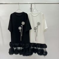Robe longue décontractée d'été GX-2026 pour femme, nouveau style, à manches courtes, col rond, en maille perlée à rayures florales, coupe unique