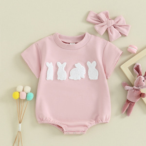 Newborn Baby <strong>Girl</strong> <strong>Outfit</strong> My First Easter Clothes Embroidered <strong>Bunny</strong> Sweatshirt Easter Oversized Baby Romper with Headband - Product Image 2