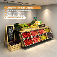 Op maat gemaakte houten fruitpresentatiestand met dubbele laag, metalen frame, groentepresentatieplank met wielen, supermarkt retail productenrek