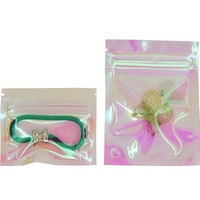 Bolsas con cierre de cremallera iridiscente láser reutilizables personalizadas, bolsas de embalaje de plástico transparente rosa, bolsa holográfica para cosméticos