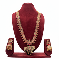 Conjunto de Collar Largo Tradicional del Sur de la India para Novia, Chapado en Oro, con Circonitas y Perlas, Estilo Vintage para Boda o Compromiso