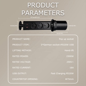 Enchufe <span class=keywords><strong>de</strong></span> escritorio elevable <span class=keywords><strong>de</strong></span> color negro y plateado con triple toma <span class=keywords><strong>de</strong></span> corriente alemana y puertos <span class=keywords><strong>de</strong></span> carga rápida USB PD20W - Product Image 2