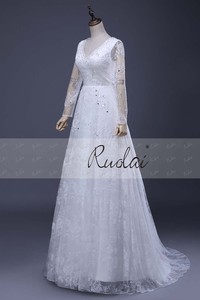 Ruolai LV6A37 최신 디자인 V-넥 신부 가운 모슬린 레이스 구슬 간단한 긴 소매 아랍어 웨딩 드레스 웨딩 가운 - Product Image 4