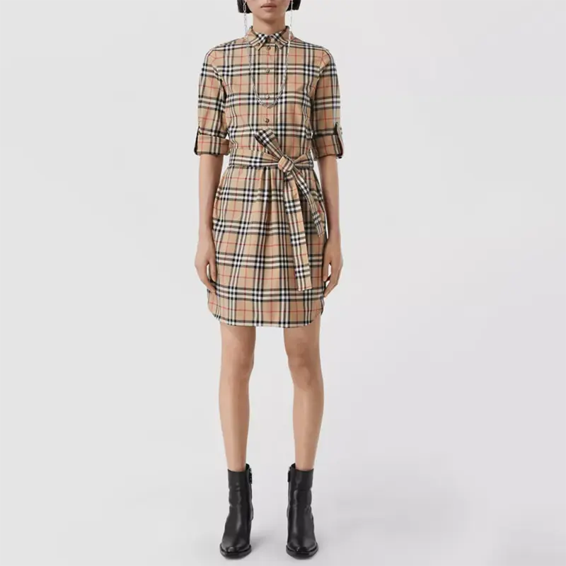 Polyester Retro Simple Button Plaid Stand Collar Waist Lace Up Middle Sleeve Irregular Casual Women Plaid Shirt Dress
