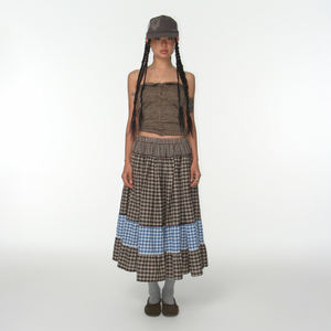 กระโปรงยาวทรงเอเอวสูงลายสก็อตแบบเรโทร ตัดต่อสีตัดกัน ดีไซน์มินิมอลสำหรับผู้หญิง - Product Image 2
