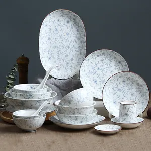 Çin restoranı mavi ve beyaz seramik yemek takımı yaprak şube tasarım porselen sofra setleri
