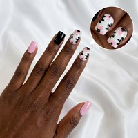 Faux ongles à presser roses et noirs à motif floral, courts et carrés, avec motif de fleurs, étiquette privée, vente en gros
