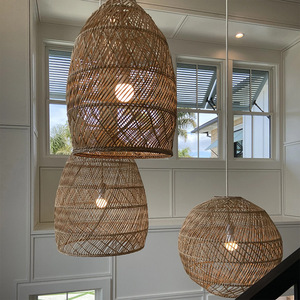Ensemble de lampes suspendues en rotin, design rond en bois naturel, pour salon, chambre à coucher, restaurant, comptoir de bar, éclairage LED - Product Image 2