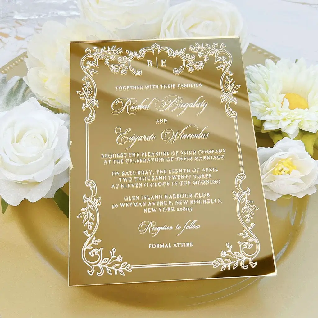 Toptan özel altın ayna akrilik düğün davetiyesi