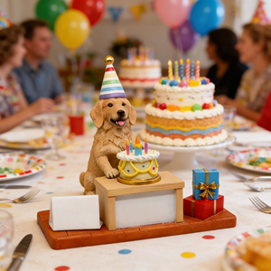 Escultura de Resina de Golden Retriever para Cumpleaños, Adorable Perro con Gorro de Fiesta a Rayas y Pastel con Vela, Celebración de Mascotas Hecha a Mano - Product Image 3