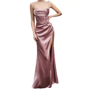 High Quality Custom Logo Lady Elegant Shoulder Deep V Neck Slip Satin Women Evening Dress