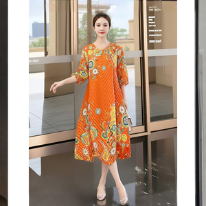 Abito Midi Elegante <span class=keywords><strong>da</strong></span> Donna con Scollo a V e Pieghe, Vestibilità Regolare, Stampa Floreale, Ecologico, Antipiega, Casual 2026 - Ingrosso Fabbrica - Product Image 3