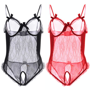 Body de encaje transparente para mujer, lencería de gasa con entrepierna abierta, negro, rojo, talla grande, sexy, ropa interior. - Product Image 1