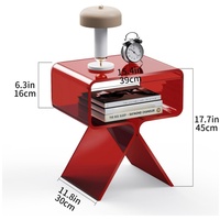 Table d'appoint / table de chevet moderne en acrylique rouge en forme de X avec compartiment de rangement ouvert, mobilier écologique pour la maison