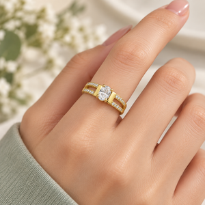 แหวนเพชรรูปไข่ สแตนเลสสตีล ชุบทอง 14K แบบสุญญากาศ ดีไซน์แหวนวงแหวนแยกส่วน สีทองและสีเงิน - Product Image 4