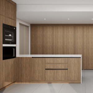 Meuble de cuisine modulaire en placage de noyer massif de style moderne avec portes à panneaux plats, évier et robinet, charnières pour personnalisation complète de la maison - Product Image 2