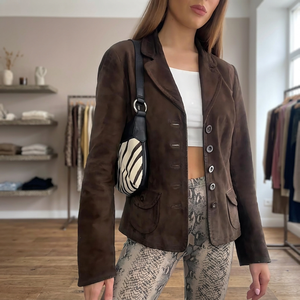 Blazer en daim véritable pour femme, en cuir de mouton, coupe-vent, marron, manches longues, boutonné sur le devant, col à revers, vente en gros - Product Image 3