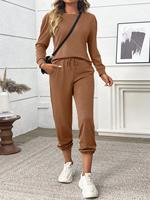 Ensemble deux pièces pour femme, haut à col rond à manches longues et pantalon de jogging à cordon de serrage, tenue de survêtement décontractée unie HX6479