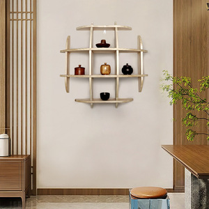 Solid Wood Chinese Style <b>Wall</b> Mounted <b>Display</b> Shelf 70 Compartment Natural Color Tea Set Holder Living Room Storage Rack - Product Image 2
