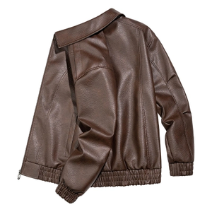 Veste <span class=keywords><strong>en</strong></span> similicuir à revers ample, ourlet élastique, fermeture éclair, style motard vintage, 3 couleurs, décontractée, streetwear - Product Image 2
