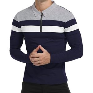 Polo de manga larga para hombre con cuello de cremallera, diseño de bloques de color y rayas, informal, azul marino, blanco y gris - Product Image 1
