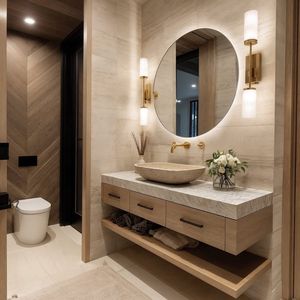 Mueble <span class=keywords><strong>de</strong></span> <span class=keywords><strong>Baño</strong></span> Moderno Personalizado <span class=keywords><strong>para</strong></span> Montar en la Pared, Diseño en Madera Sólida con Chapa <span class=keywords><strong>de</strong></span> Nogal, Encimera <span class=keywords><strong>de</strong></span> Cuarzo y Espejo LED - Product Image 1