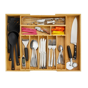 Organizador de Cubiertos Ajustable de Bambú, Bandeja Extensible para Almacenamiento de Cocina con Divisor, Retráctil, a Prueba de Polvo, Sin Instalación - Product Image 1