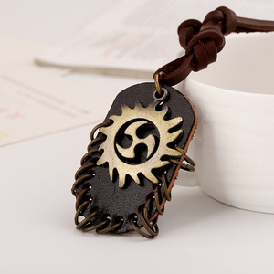 Kalung Kulit Liontin Spiral Matahari untuk Pria, Kalung Tali Perak Perunggu Antik, Vintage <span class=keywords><strong>Rock</strong></span>, 2 Warna - Product Image 2