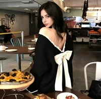 Pull à nœud papillon au dos pour femme |   Pull ample en dentelle à col en V, tricot ample à épaules dénudées, haut oversize mignon