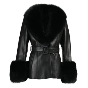 Nouvelle arrivée automne/hiver, veste de moto en cuir d'agneau imperméable avec col en fourrure de renard courte, <span class=keywords><strong>ceinture</strong></span>, poignets en fourrure <span class=keywords><strong>noire</strong></span> pour femmes - Product Image 1