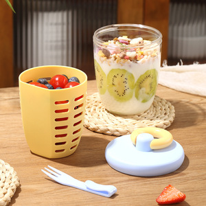 Gobelet à fruits portable à double couche avec drain, récipient de stockage alimentaire avec fourchette et cuillère pour pique-nique, usage au bureau, couvercle en plastique réutilisable - Product Image 2