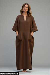 Vestido Maxi Kaftan de Lino y Algodón Marrón con Cuello en V, Manga Corta, Corte A y Cinturón, Ecológico, para Mujer, Estilo Boho, Holgado, para Descanso o Resort - Product Image 2