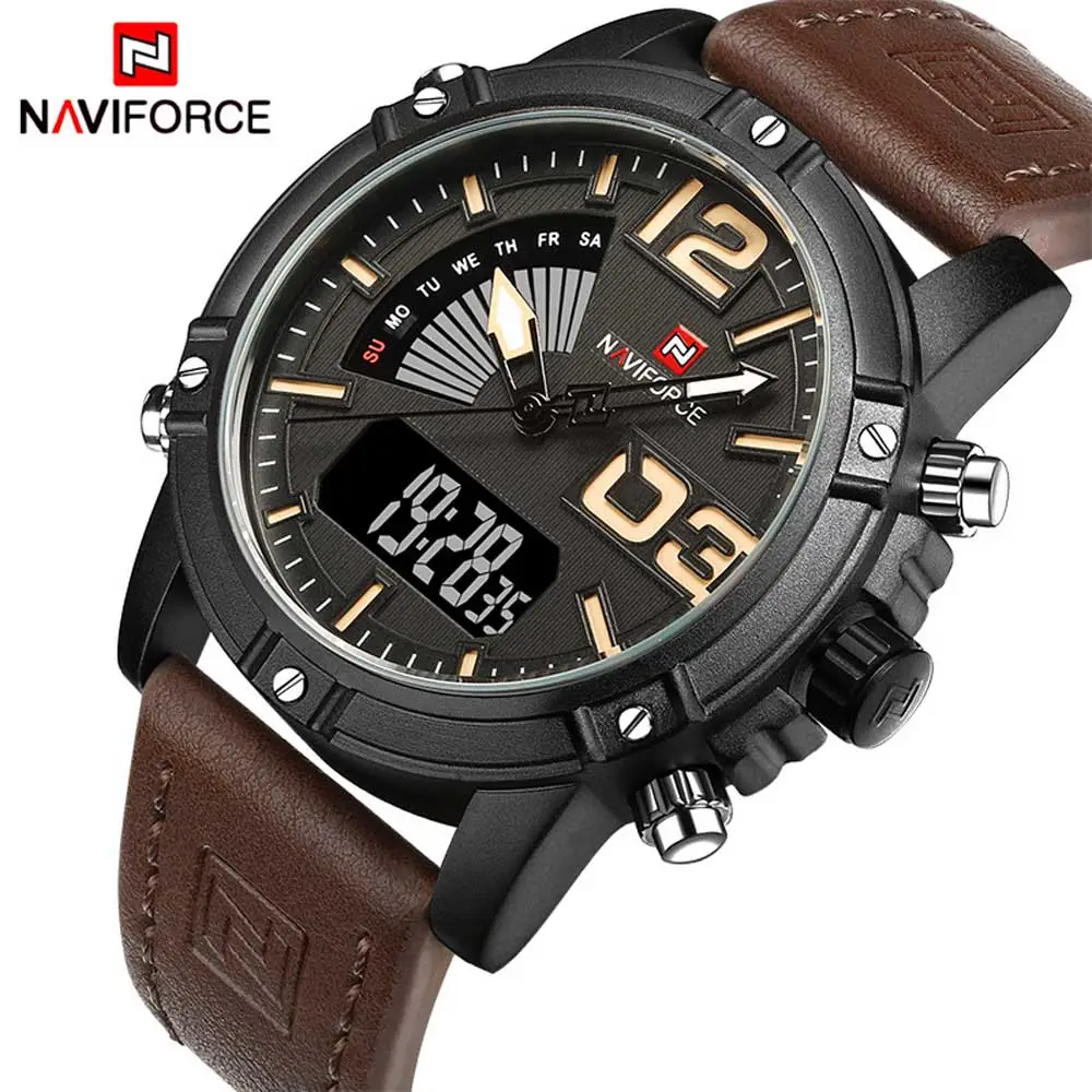 NAVIFORCE NF9095 элегантные оранжевые мужские кварцевые часы оригинальный кожаный ремешок водонепроницаемый хронометр цифровые и аналоговые спортивные часы