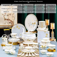 Service de vaisselle en porcelaine de Jingdezhen à motif floral avec bordure dorée de luxe, compatible lave-vaisselle, micro-ondes et four, idéal pour les banquets à domicile et les cadeaux