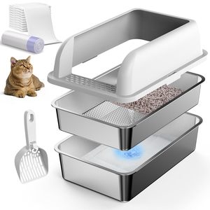 Gemakkelijk te reinigen semi-gesloten kattenbak moderne behuizing grote roestvrijstalen kattenbak met schep en mat - Product Image 6