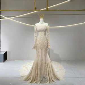 Vestido de Novia Moderno Estilo Sirena con Encaje Vintage Color Champán, Estampado Floral, Apliques, Pedrería, Antiestático, Top Corto, Largo hasta el Suelo, Cola de Corte - Product Image 1