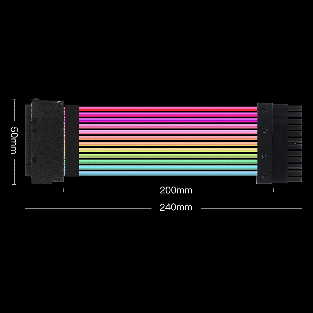 ATX 24-контактный адаптер «Папа-мама», удлинитель питания, кабель блока питания, светящийся кабель 18AWG 300 мм, Радужный цвет