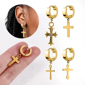 2023 Fashion Punk Style Gold Plated Stainless Steel Men Women Huggies Cross Stud Earrings