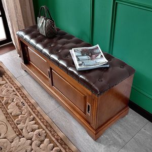 American-style <b>shoe</b> <b>bench</b> for home use, with sliding doors, made of solid wood, suitable for sitting in the entryway. - Product Image 2