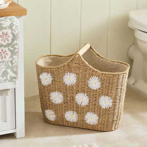 Panier porte-papier toilette en corde de papier tissé avec poignée en bois, organisateur de rangement décoratif pour salle de bain avec broderie de marguerite - Product Image 4