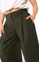 Pantalon large vert foncé sur mesure pour femme 2026, pantalon de bureau taille haute avec coupe décontractée ajustée, OEM/ODM, style vintage avec revers
