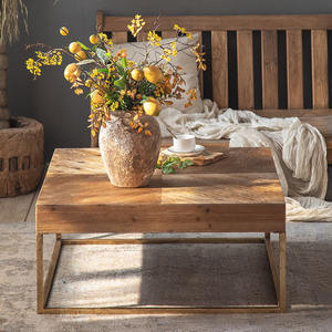 Solid Wood Coffee <b>Table</b> Round Retro Distressed Finish Metal Legs Living Room <b>Balcony</b> Use - Product Image 4